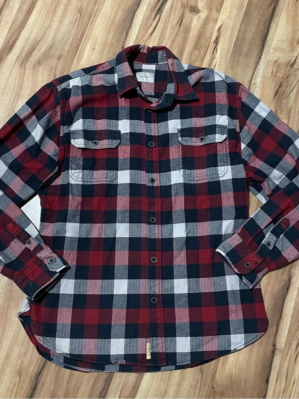 Jachs Flannel Shirt XL Red Black Plaid Button Up Long Sleeve Cotton Lumberjack